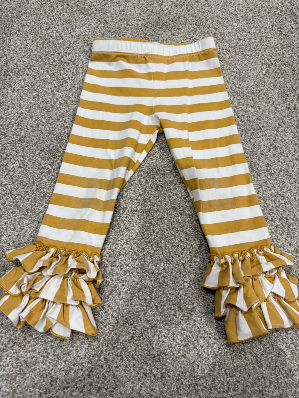 SweetHoney Mustard & White Striped Ruffle Hem Kids Leggings
